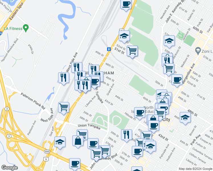 map of restaurants, bars, coffee shops, grocery stores, and more near 4411 Liberty Avenue in North Bergen