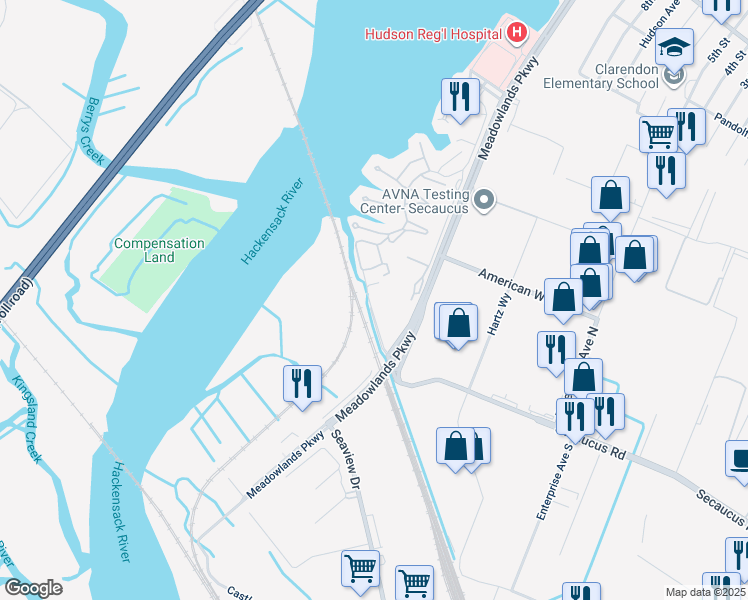 map of restaurants, bars, coffee shops, grocery stores, and more near 5 Harmon Cove Tower in Secaucus