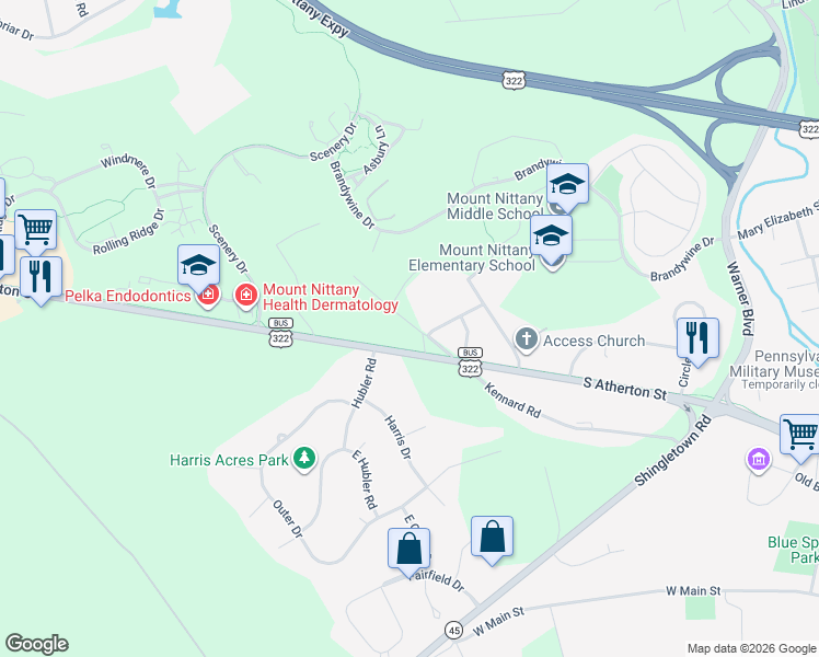 map of restaurants, bars, coffee shops, grocery stores, and more near Warnock Rd in State College