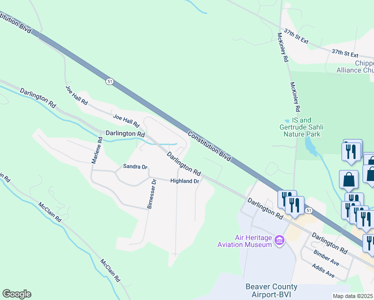 map of restaurants, bars, coffee shops, grocery stores, and more near 2902 Darlington Road in Beaver Falls