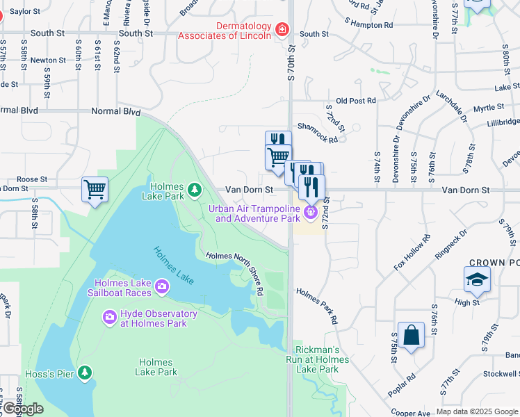 map of restaurants, bars, coffee shops, grocery stores, and more near 2940 Park Place Drive in Lincoln
