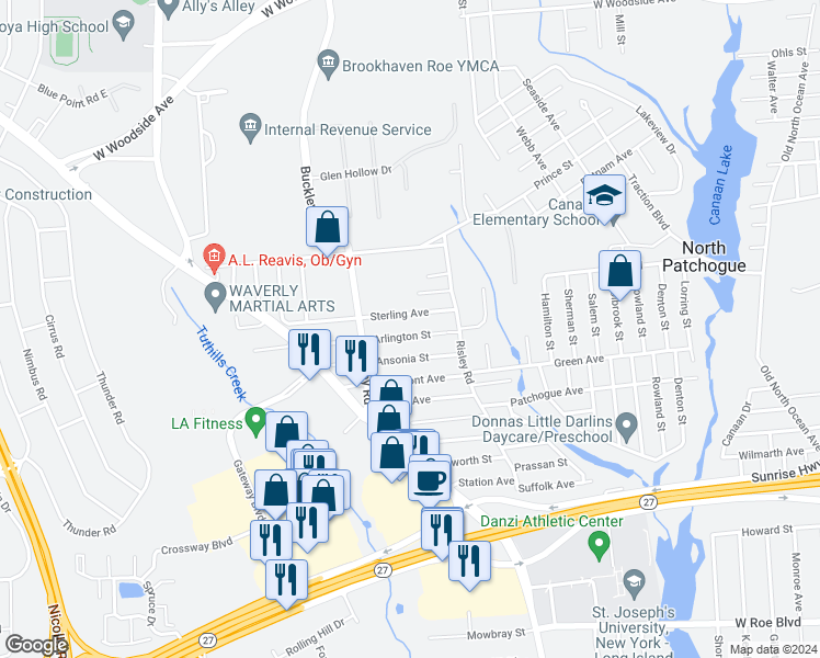 map of restaurants, bars, coffee shops, grocery stores, and more near 29 Arlington Street in Patchogue