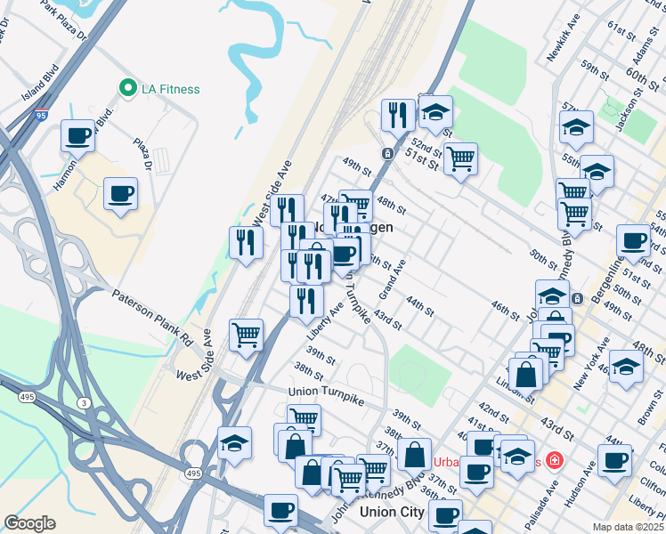 map of restaurants, bars, coffee shops, grocery stores, and more near 1821 44th Street in North Bergen