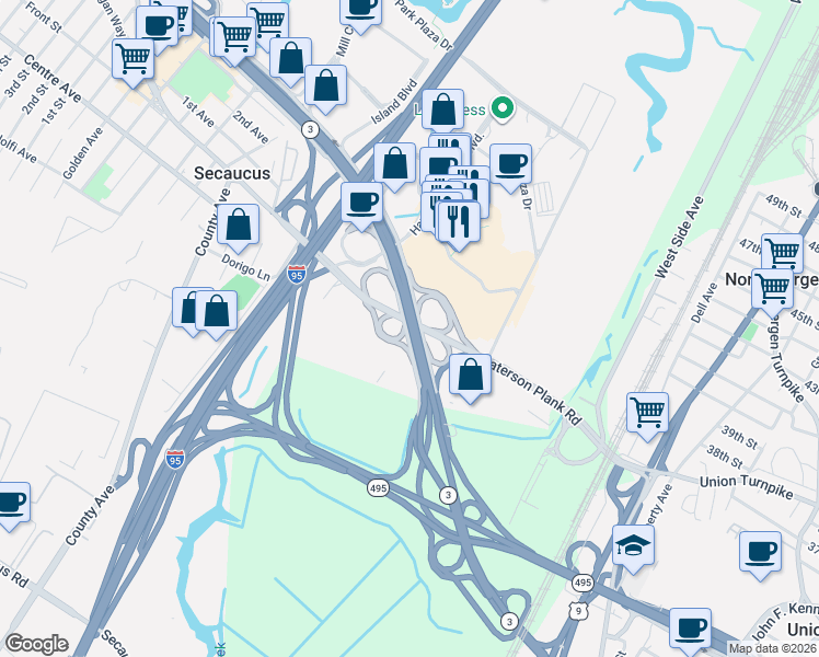 map of restaurants, bars, coffee shops, grocery stores, and more near 251 Paterson Plank Road in Secaucus