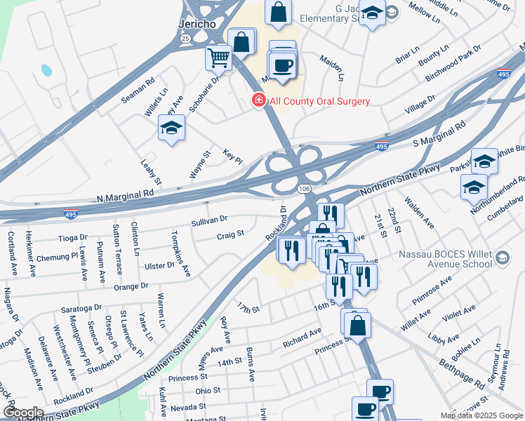 map of restaurants, bars, coffee shops, grocery stores, and more near 8 Sullivan Drive in Jericho