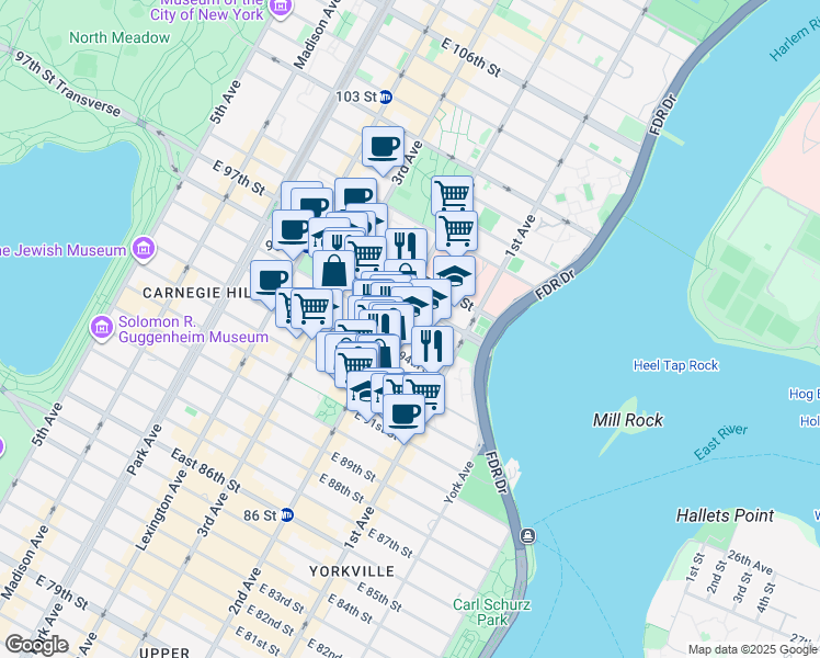 map of restaurants, bars, coffee shops, grocery stores, and more near in New York