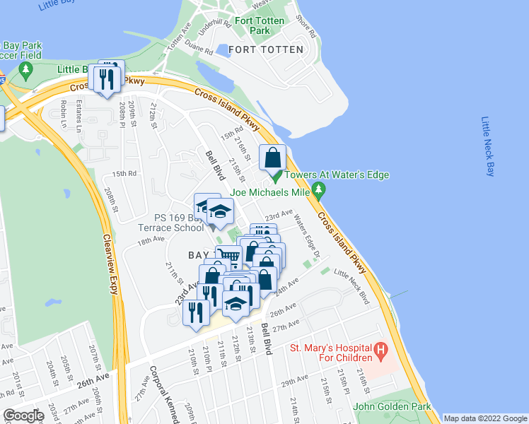 map of restaurants, bars, coffee shops, grocery stores, and more near 18-39 215th Street in Queens
