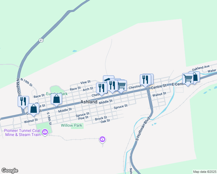 map of restaurants, bars, coffee shops, grocery stores, and more near 815 Market Street in Ashland