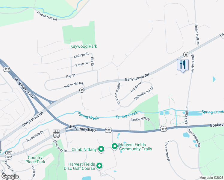 map of restaurants, bars, coffee shops, grocery stores, and more near 105 Berwick Drive in Boalsburg