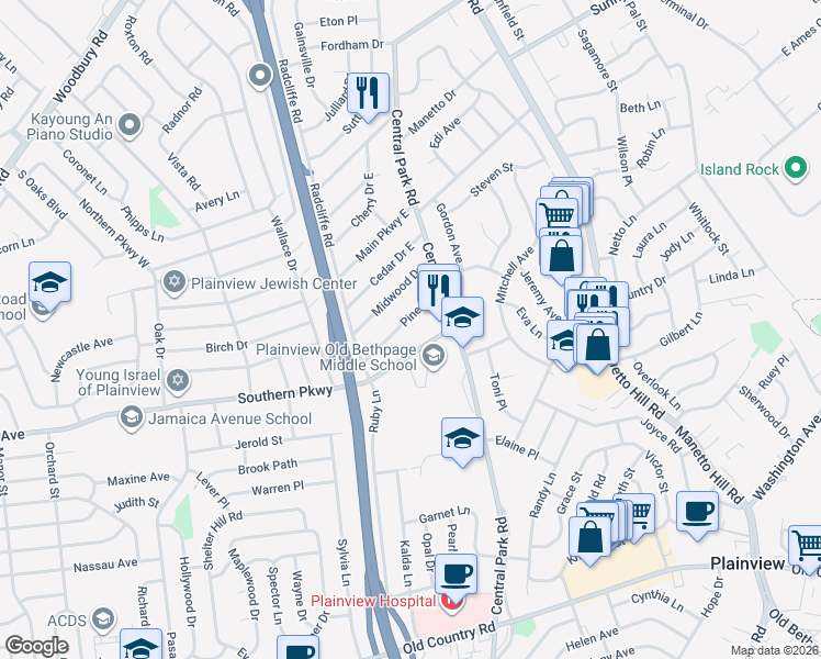 map of restaurants, bars, coffee shops, grocery stores, and more near 16 Pine Street in Plainview