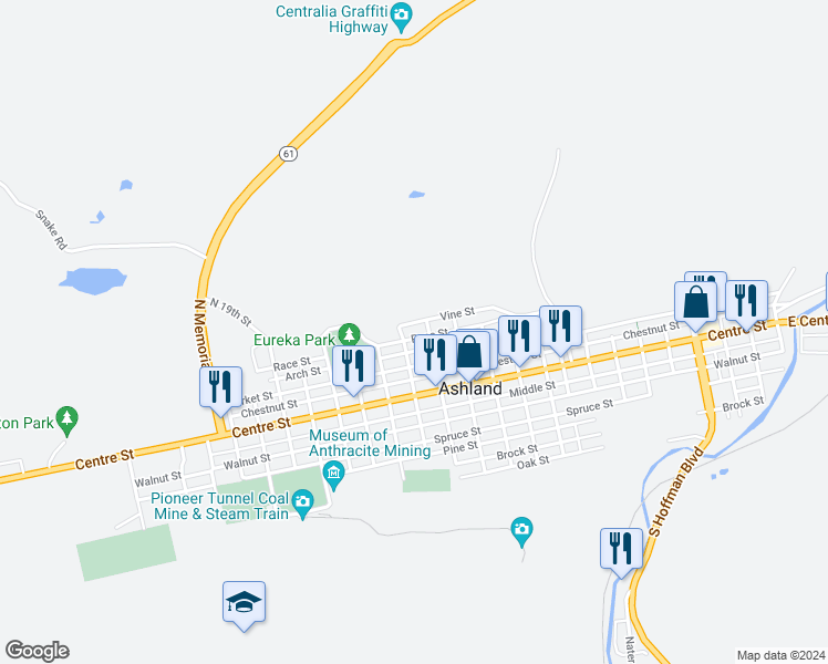 map of restaurants, bars, coffee shops, grocery stores, and more near 1321 Race Street in Ashland