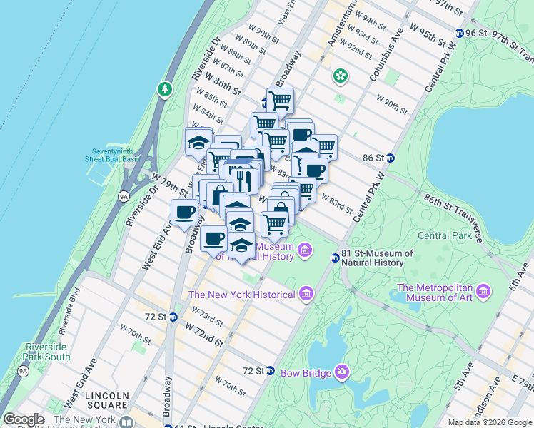 map of restaurants, bars, coffee shops, grocery stores, and more near 145 West 80th Street in New York