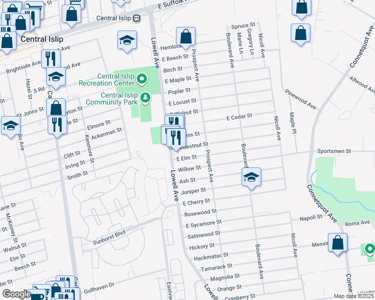 map of restaurants, bars, coffee shops, grocery stores, and more near 12 East Chestnut Street in Central Islip