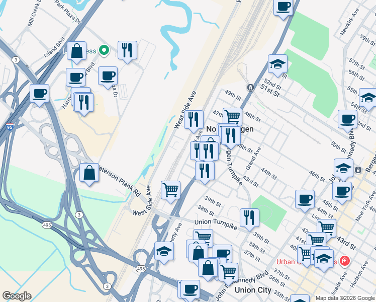 map of restaurants, bars, coffee shops, grocery stores, and more near 4017 Dell Avenue in North Bergen