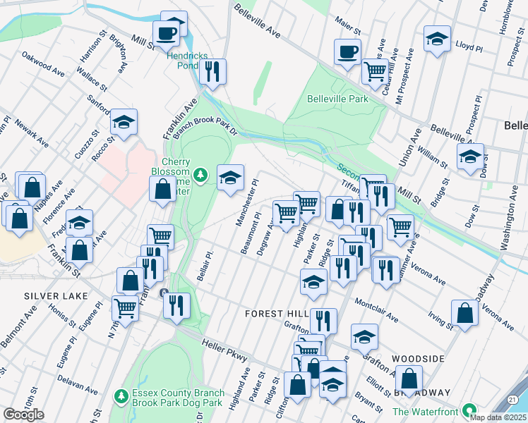 map of restaurants, bars, coffee shops, grocery stores, and more near 117 Beaumont Place in Newark