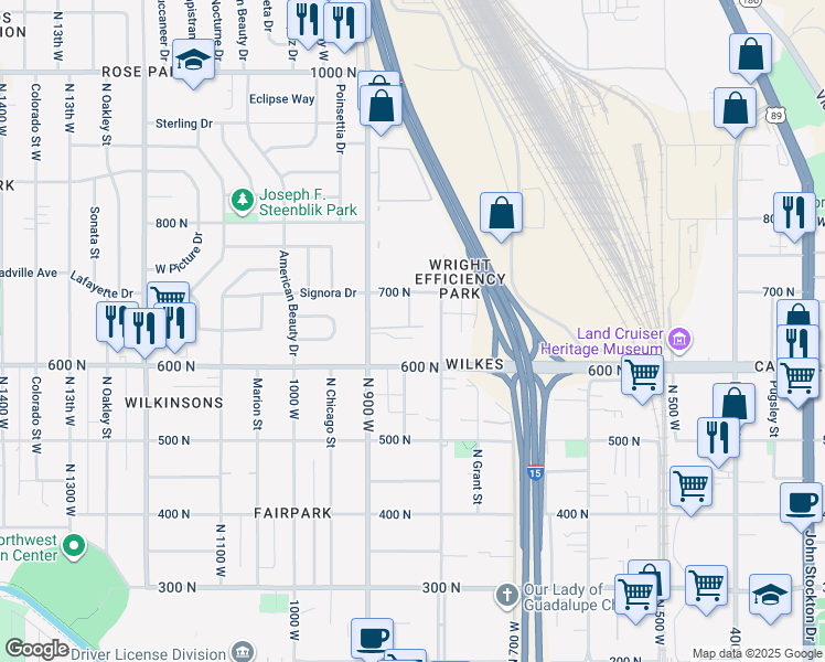 map of restaurants, bars, coffee shops, grocery stores, and more near 850 North Diamond Rose Circle in Salt Lake City