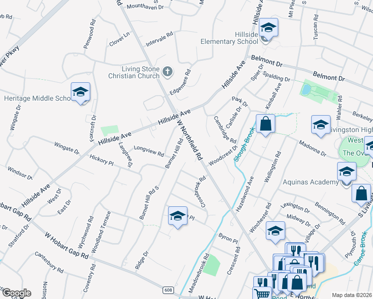 map of restaurants, bars, coffee shops, grocery stores, and more near 197 West Northfield Road in Livingston