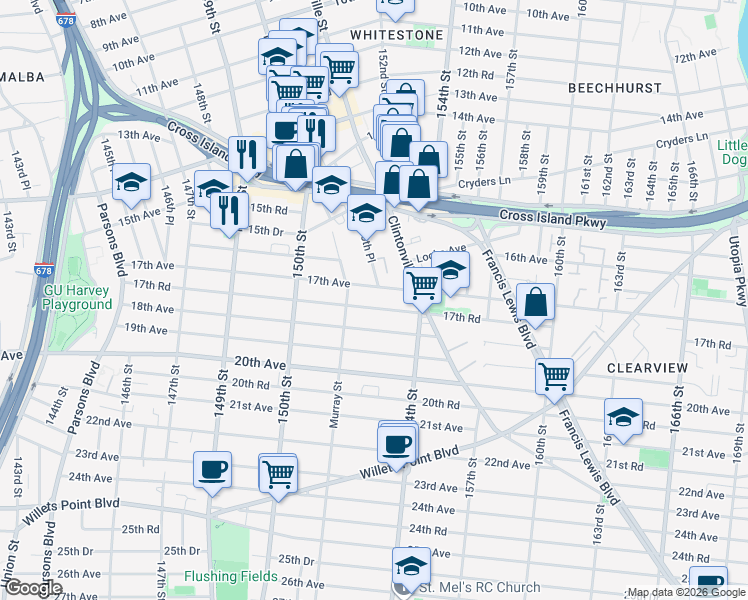 map of restaurants, bars, coffee shops, grocery stores, and more near 151-29 17th Road in Queens