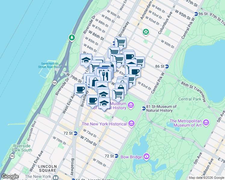map of restaurants, bars, coffee shops, grocery stores, and more near 163 West 80th Street in New York