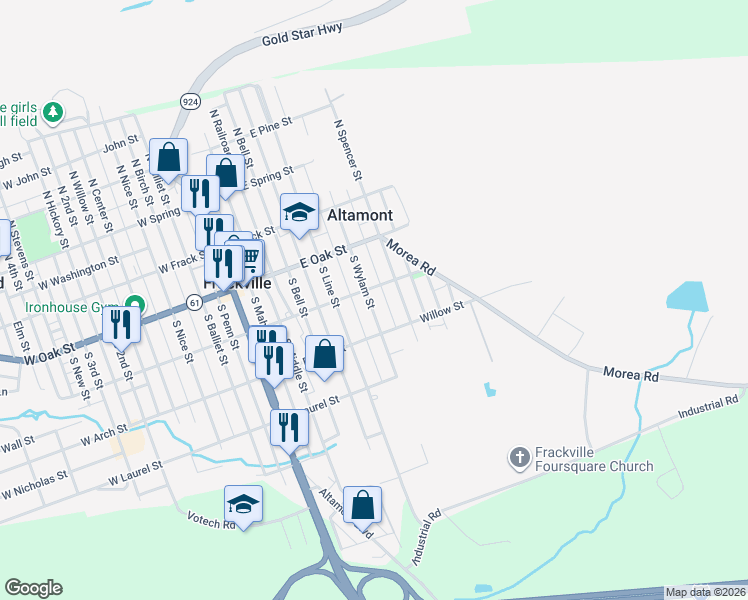 map of restaurants, bars, coffee shops, grocery stores, and more near 213 South Wylam Street in Frackville