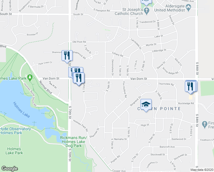 map of restaurants, bars, coffee shops, grocery stores, and more near 2831 South 74th Street in Lincoln