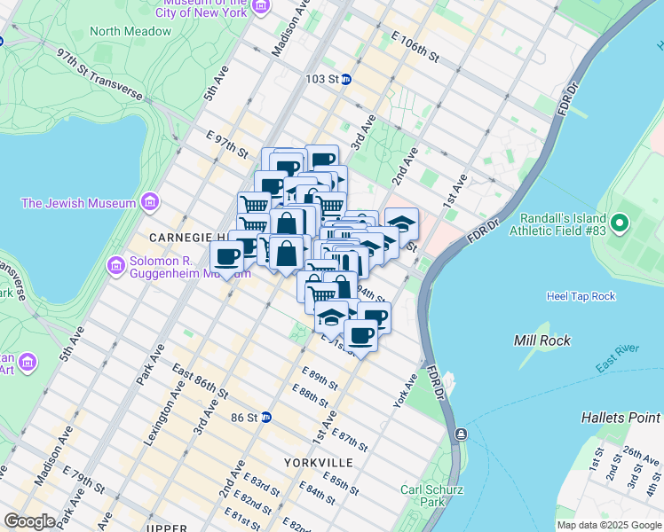 map of restaurants, bars, coffee shops, grocery stores, and more near 239 East 94th Street in New York