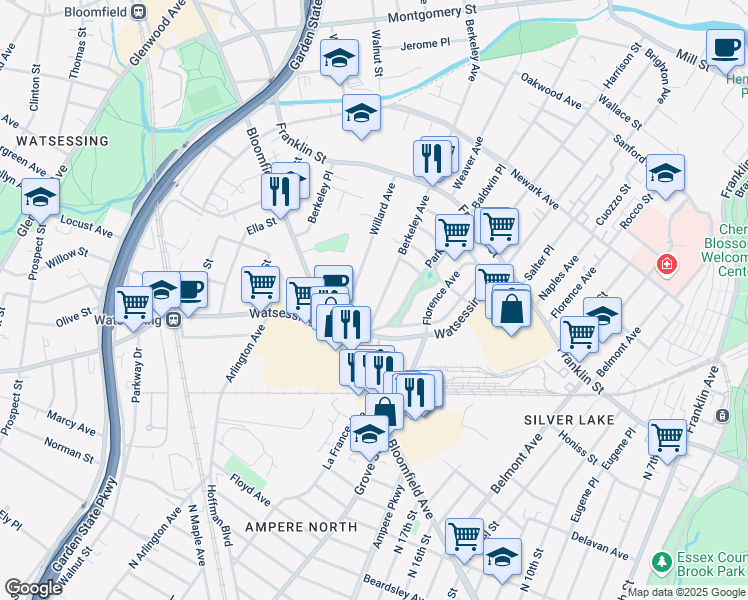 map of restaurants, bars, coffee shops, grocery stores, and more near 80 Berkeley Avenue in Bloomfield