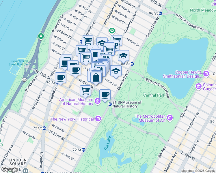 map of restaurants, bars, coffee shops, grocery stores, and more near 27 West 82nd Street in New York