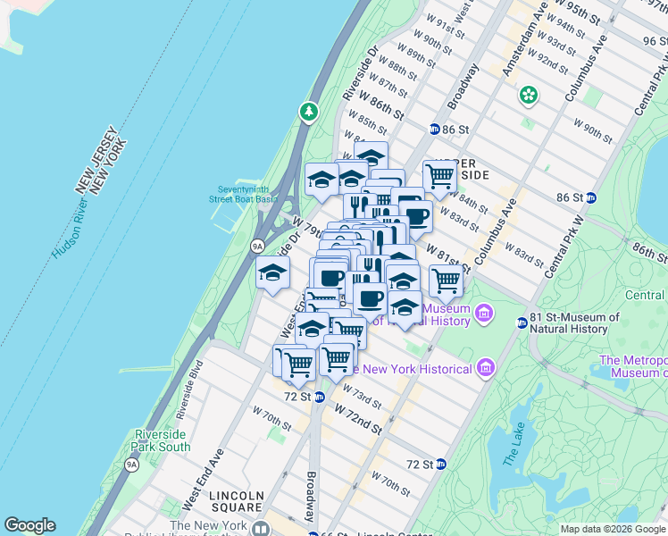 map of restaurants, bars, coffee shops, grocery stores, and more near 260 West 78th Street in New York