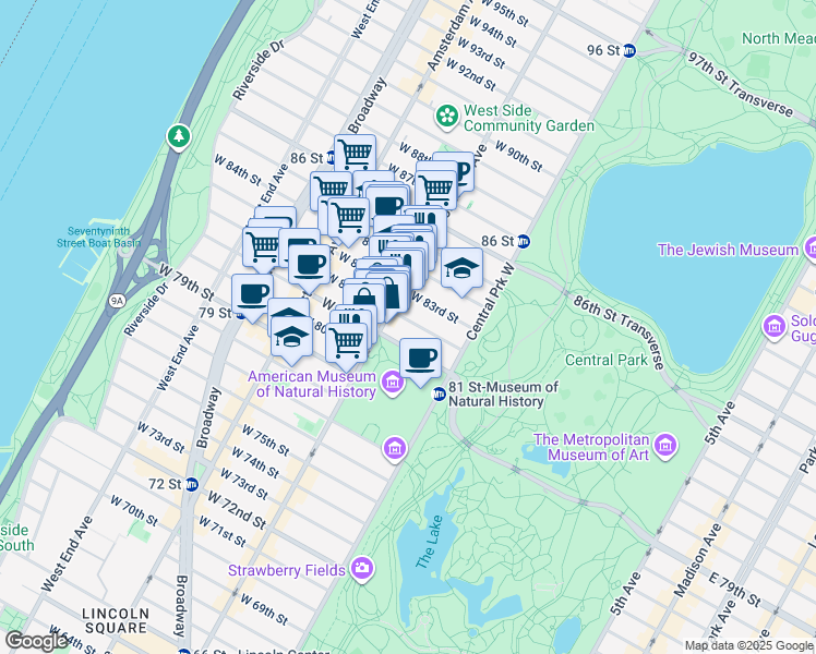 map of restaurants, bars, coffee shops, grocery stores, and more near 64 West 82nd Street in New York
