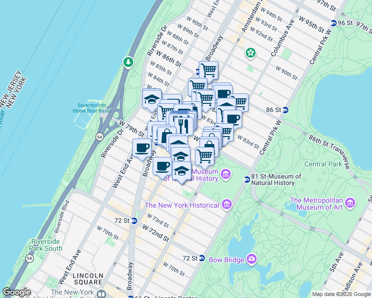 map of restaurants, bars, coffee shops, grocery stores, and more near 164 West 80th Street in New York