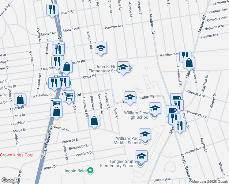 map of restaurants, bars, coffee shops, grocery stores, and more near 221 Floyd Road in Shirley