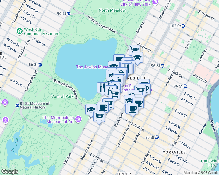 map of restaurants, bars, coffee shops, grocery stores, and more near 1 East 89th Street in New York