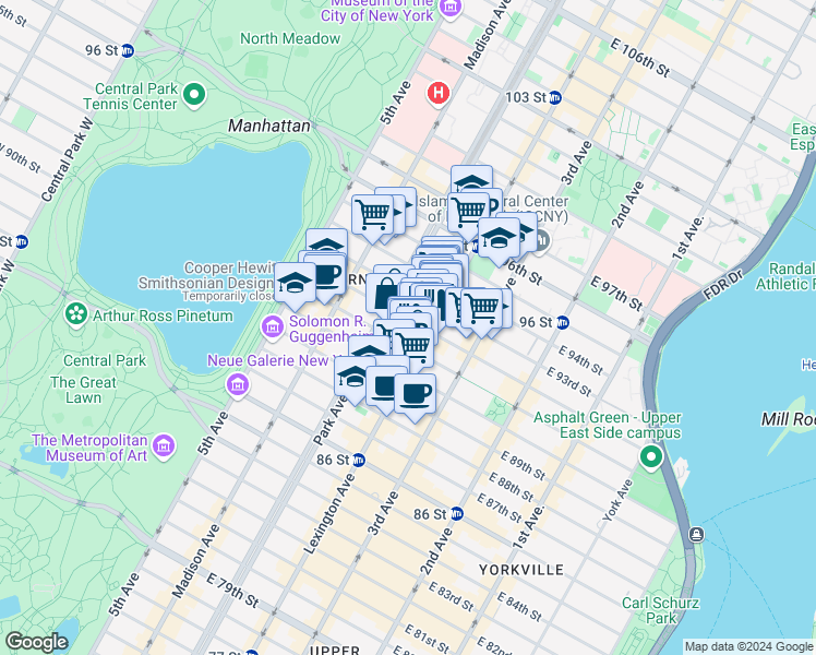 map of restaurants, bars, coffee shops, grocery stores, and more near 120 East 92nd Street in New York