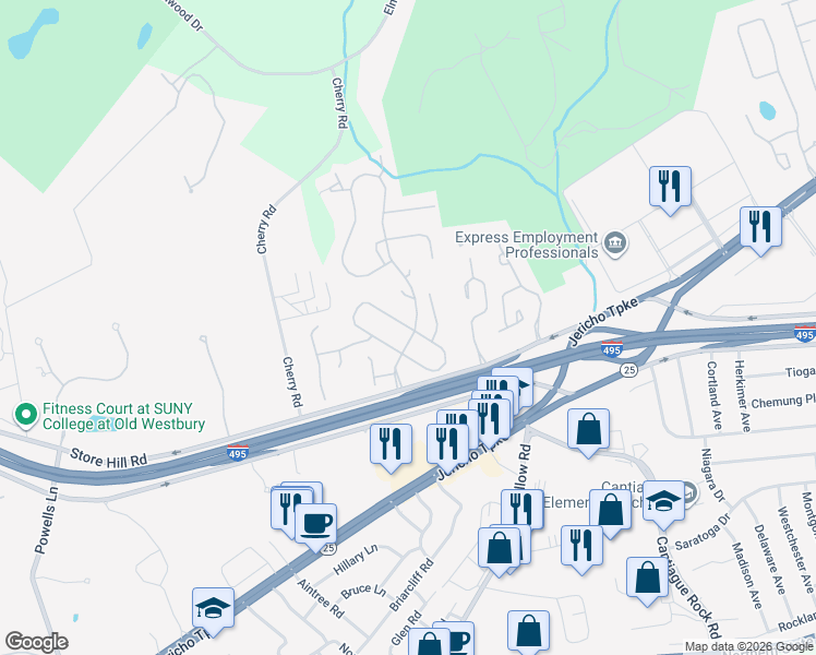 map of restaurants, bars, coffee shops, grocery stores, and more near 276 Vista Drive in Jericho