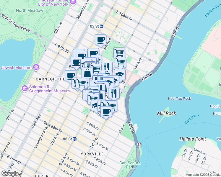 map of restaurants, bars, coffee shops, grocery stores, and more near 1849 2nd Avenue in New York