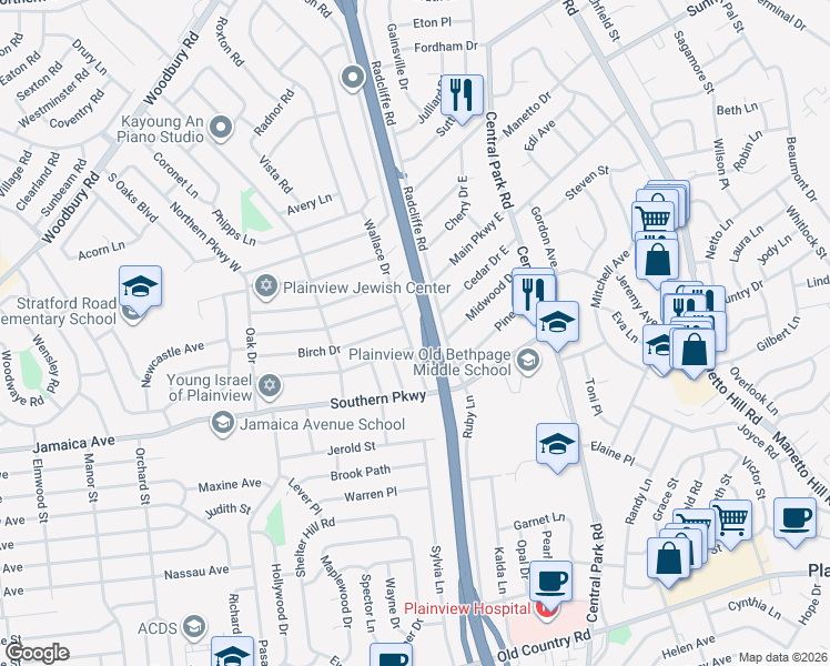 map of restaurants, bars, coffee shops, grocery stores, and more near 19 Wallace Drive in Plainview