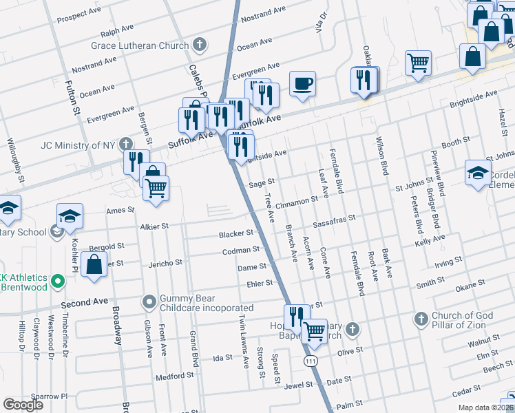 map of restaurants, bars, coffee shops, grocery stores, and more near 1615 Islip Ave in Central Islip
