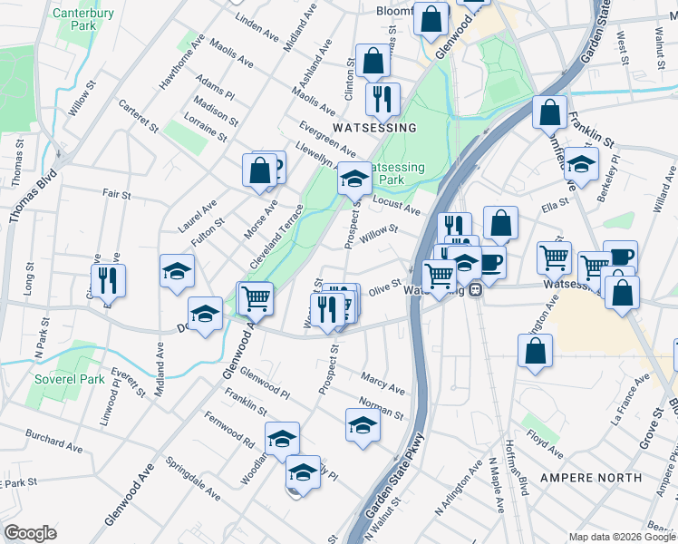 map of restaurants, bars, coffee shops, grocery stores, and more near 12 Prospect Street in Bloomfield