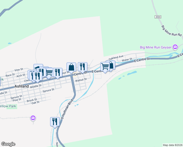 map of restaurants, bars, coffee shops, grocery stores, and more near 12 East Centre Street in Ashland