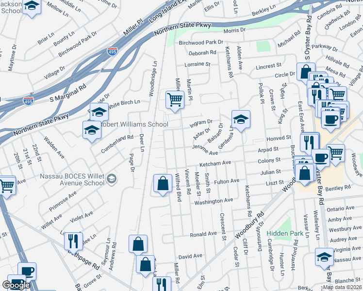 map of restaurants, bars, coffee shops, grocery stores, and more near 10 Jerome Avenue in Hicksville