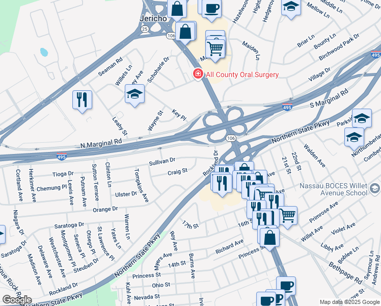 map of restaurants, bars, coffee shops, grocery stores, and more near 8 Sullivan Drive in Jericho