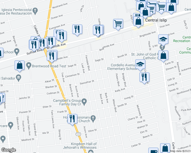 map of restaurants, bars, coffee shops, grocery stores, and more near 184 Root Avenue in Central Islip