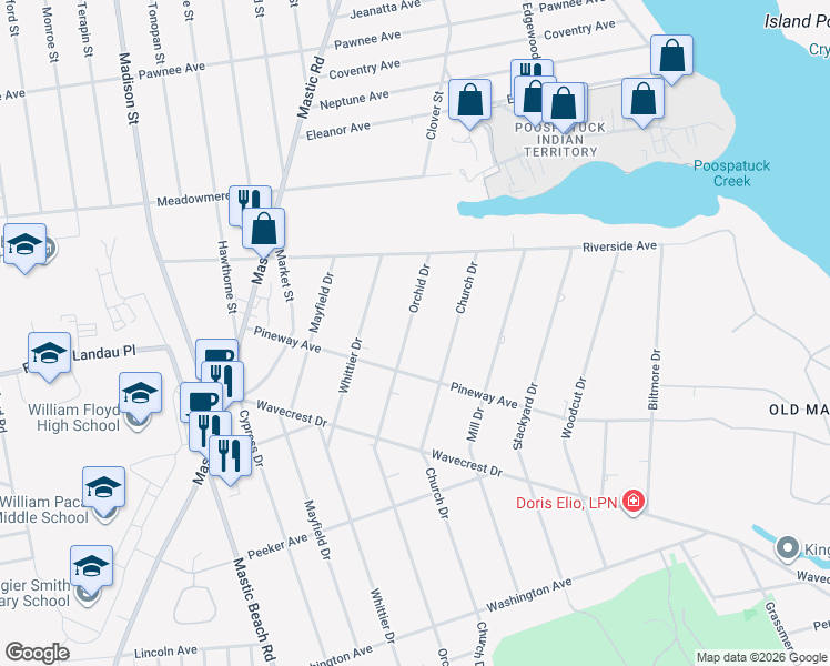 map of restaurants, bars, coffee shops, grocery stores, and more near 359 Orchid Drive in Mastic Beach