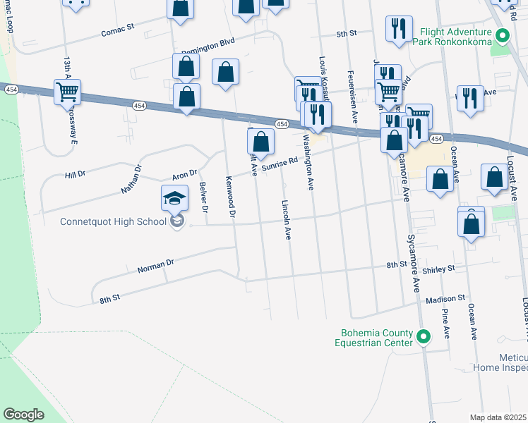 map of restaurants, bars, coffee shops, grocery stores, and more near 1627 Roosevelt Avenue in Bohemia