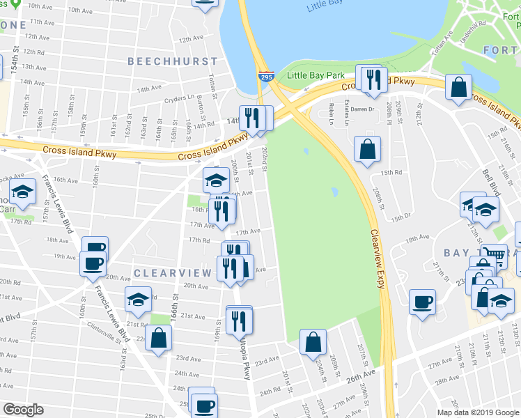 map of restaurants, bars, coffee shops, grocery stores, and more near 16-27 201st Street in Queens