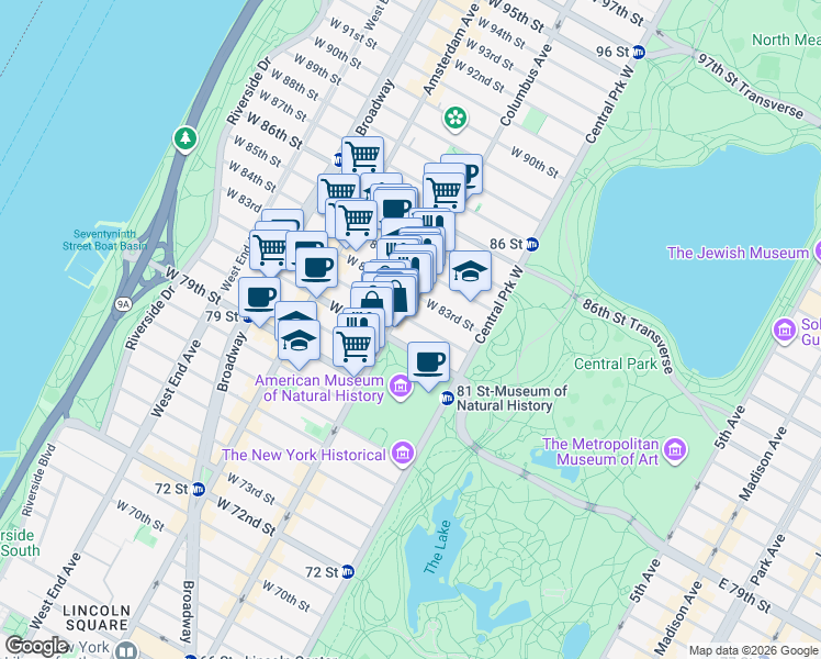 map of restaurants, bars, coffee shops, grocery stores, and more near 451 Columbus Avenue in New York