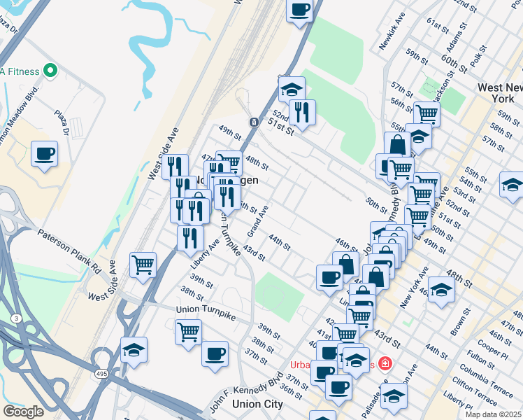 map of restaurants, bars, coffee shops, grocery stores, and more near 1500 45th Street in North Bergen