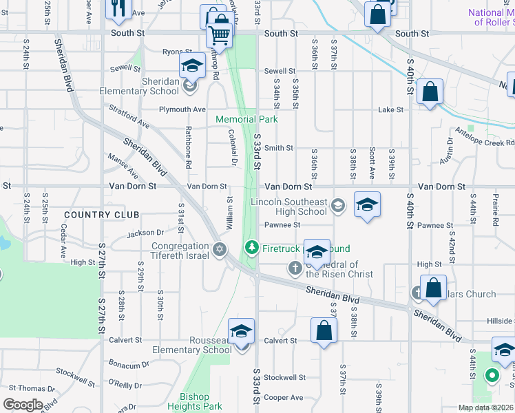 map of restaurants, bars, coffee shops, grocery stores, and more near 2999 South 33rd Street in Lincoln