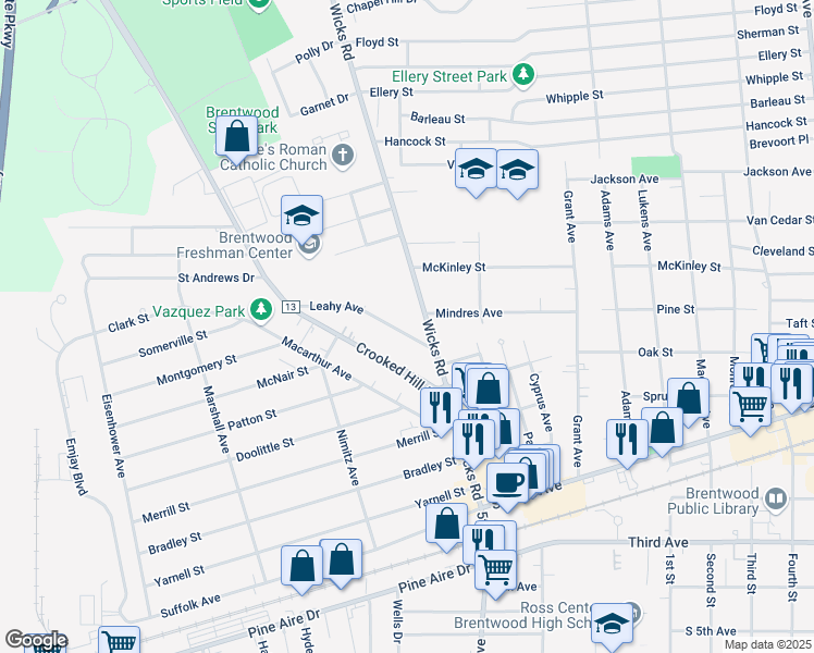map of restaurants, bars, coffee shops, grocery stores, and more near 9 Leahy Avenue in Brentwood